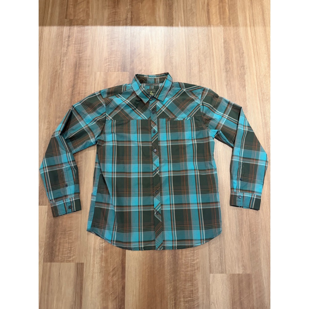 Prana Button Down Shirt Mens XL Turquoise Brown Plaid Long Sleeve Outdoor Top